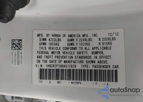 2013 Honda Accord Lx из США, поврежденный, VIN 1HGCR2F38DA072629